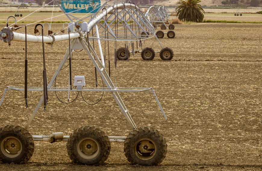 Photo of a lateral line Agricultural Sprinklers on a Farm Field