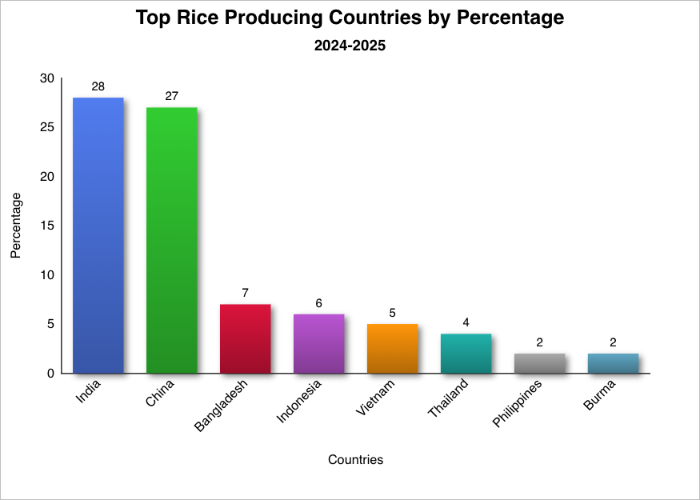 Image of a bar chart showing Top Rice Producing Countries by Percentage, 2024-2025