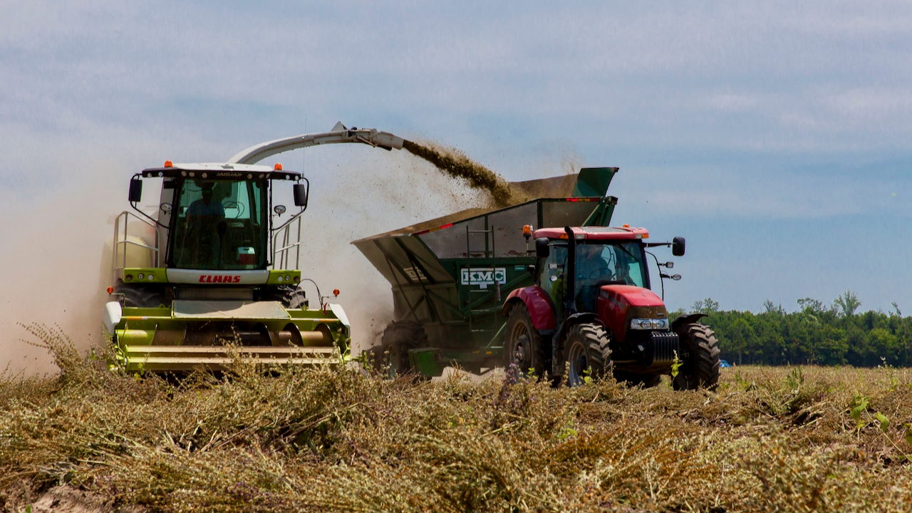 Photo of tractors working in a field during harvest in rural North Carolina on a clear day.